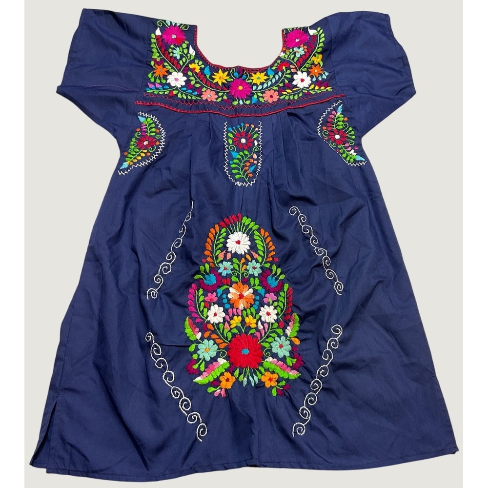 Mexican Floral Embroidered Navy Blue Shift Dress Short Sleeve Boho Peasant Sm/Md